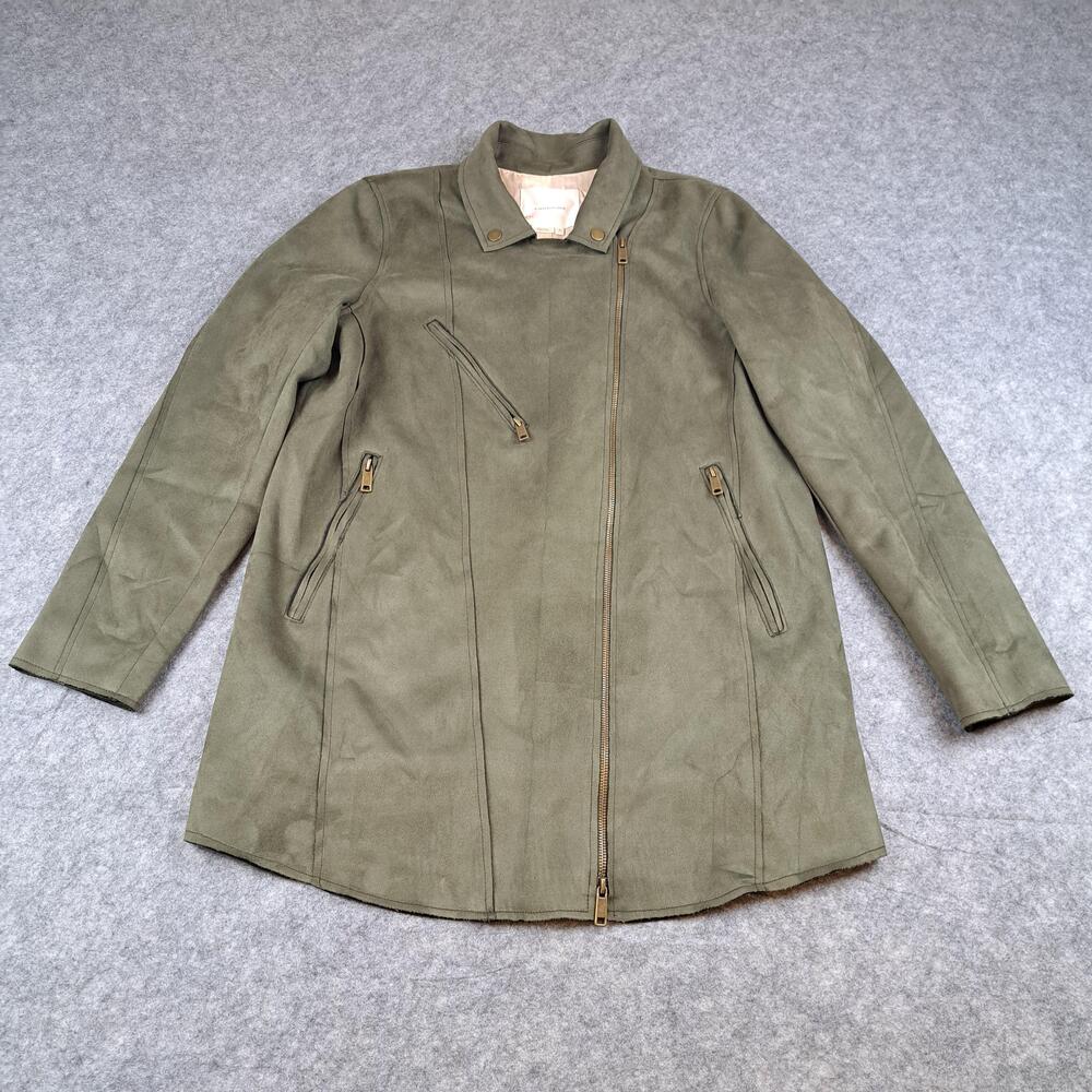 Anthropologie Jacket Womens Medium Olive Green Faux Suede Zip Front Lined Moto